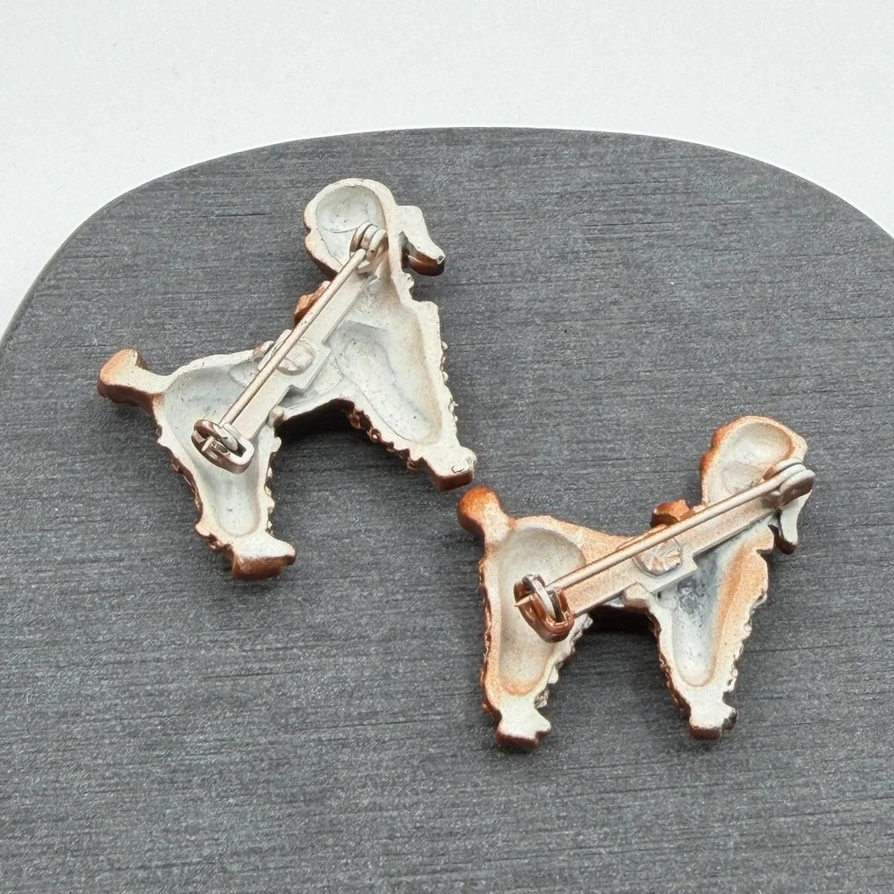 Vintage Pair Enamel Poodle Dog Brooch Pins Brown Green Figural Costume Jewelry